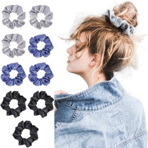 Hair Scrunchies Satin Silk Hair Ties Elastic Hair Bands Ropes Soft Scrunchie for Women or Girls Hair Accessories for Christmas New Year Halloween Thanksgiving Pack of 9 (Black,Blue,Grey)