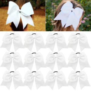 Large Cheer Bows White Ponytail Holder Girls Elastic Hair Ties 8" 12PCS Hair Accessories for Teens Women Girls Softball Competition Sports Cheerleaders