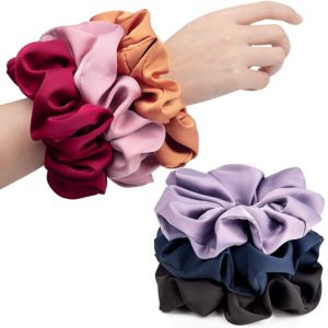 CEELGON Big Satin Scrunchies Soft Silk Solid Colors Large Scrunchie 6inch Satin Oversized Thick Elastic Silk Hair Ties Jumbo Hair Scrunchies 6 Pack (black,pink,red,purple,navy blue,orange)