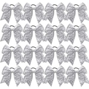 Large Glitter Cheer Bows Ponytail Holder Girls Silver Elastic Hair Ties 6" Big Hair Bows Classic Accessories for Teens Women Cheerleader Girls Pack of 16
