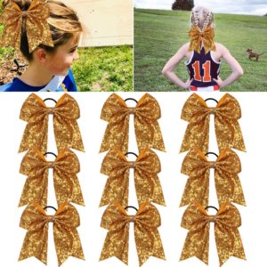 Large Glitter Cheer Bows Ponytail Holder Girls Yellow Gold Elastic Hair Ties 6" Big Hair Bows Classic Accessories for Teens Women Cheerleader Girls Pack of 9