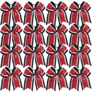 Large Glitter Cheer Bows Girls Red Black Ponytail Holders 7" Hair Bows Bulk Elastic Hair Ties Accessories for Cheerleaders Teens Women Teams Competition Sports Pack of 16