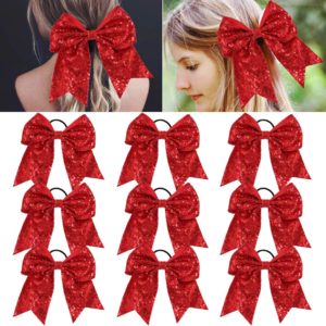 Large Glitter Cheer Bows Red Ponytail Holder Girls Elastic Hair Ties 6" Big Hair Bows Classic Accessories for Teens Women Cheerleader Girls Pack of 9