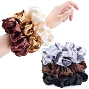CEELGON Brown Black Big Satin Scrunchies for Women Large Scrunchie Coffee Satin Oversized Thick Elastic Hair Ties Jumbo Hair Scrunchies 6 Pack (black,coffee, champagne,brown,grey,dark brown)