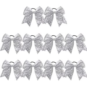 Large Glitter Cheer Bows Ponytail Holder Girls Silver Elastic Hair Ties 6" Big Hair Bows Classic Accessories for Teens Women Cheerleader Girls Pack of 10