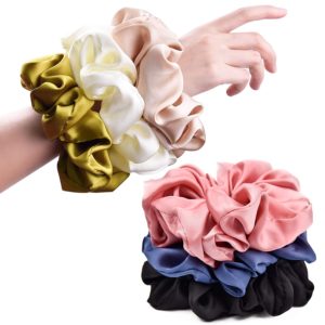 CEELGON Big Real Silk Scrunchies for Women Large Scrunchie Satin Oversized Silk Thick Elastic Hair Ties Jumbo Hair Scrunchies 6 Pack (black,white,pink, champagne,navy,yellow)