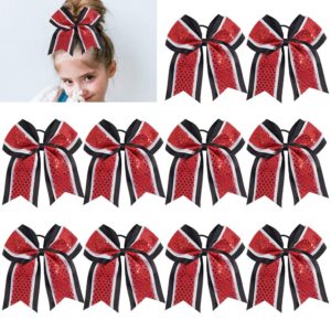 Large Glitter Cheer Bows Girls Red Black Ponytail Holders 7" Hair Bows Bulk Elastic Hair Ties Accessories for Cheerleaders Teens Women Teams Competition Sports Pack of 10