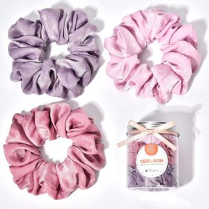 XL Big Silk Scrunchies Hair Ties for Women - CEELGON Oversized Pink Satin Silk Scrunchie Exra Large Jumbo Gaint Soft Purple Chiffon Cute Scrunchy for Curl Thick Hair 4 Pack (Pink Purple)